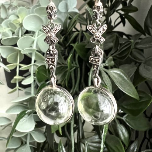 EDWARDIAN ROCK CRYSTAL POOLS OF LIGHT SILVER MARCASITE EARRINGS - ADDITIONAL PHOTO 2