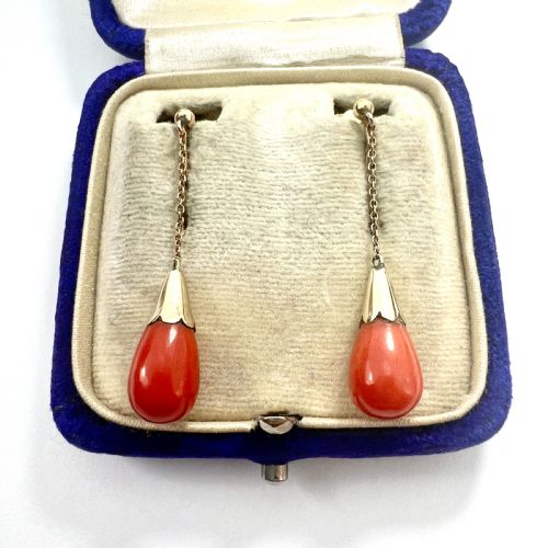 edwardian 9ct gold coral chain drop earrings - CATEGORY: ANTIQUE JEWELLERY - DATED EDWARDIAN