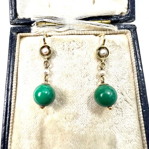 reserved for j edwardian 15ct gold turquoise and pearl drop earrings - CATEGORY: ANTIQUE JEWELLERY - DATED EDWARDIAN