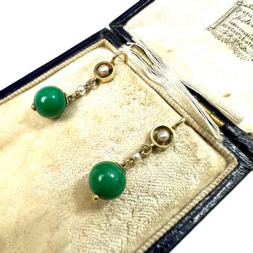 RESERVED FOR J EDWARDIAN 15CT GOLD TURQUOISE AND PEARL DROP EARRINGS - ADDITIONAL PHOTO 2
