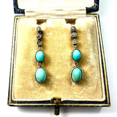 ANTIQUE GOLD AND SILVER TURQUOISE PASTE DIAMOND EARRINGS - ADDITIONAL PHOTO 2
