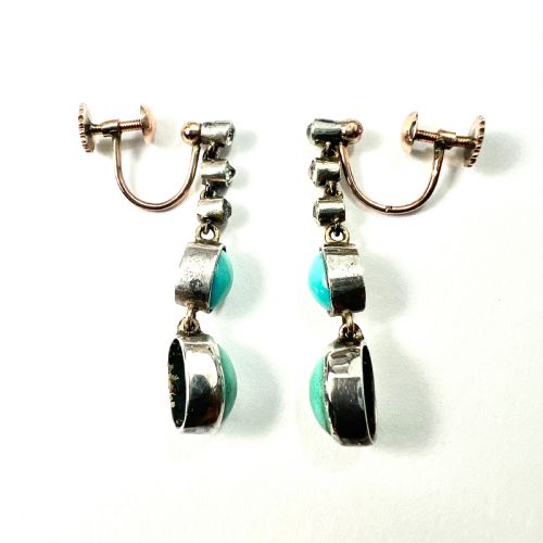 ANTIQUE GOLD AND SILVER TURQUOISE PASTE DIAMOND EARRINGS - ADDITIONAL PHOTO 4