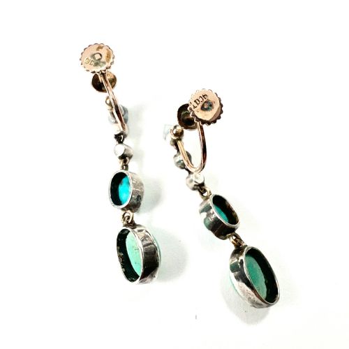 ANTIQUE GOLD AND SILVER TURQUOISE PASTE DIAMOND EARRINGS - ADDITIONAL PHOTO 5