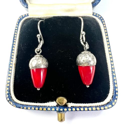 victorian silver red coral acorn earrings - CATEGORY: ANTIQUE JEWELLERY - DATED VICTORIAN