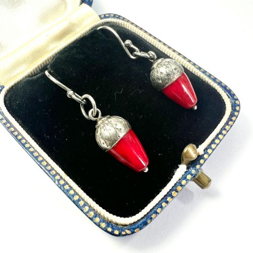 VICTORIAN SILVER RED CORAL ACORN EARRINGS - ADDITIONAL PHOTO 1