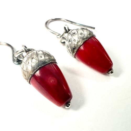 VICTORIAN SILVER RED CORAL ACORN EARRINGS - ADDITIONAL PHOTO 3