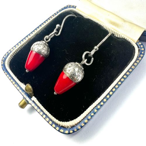 VICTORIAN SILVER RED CORAL ACORN EARRINGS - ADDITIONAL PHOTO 4