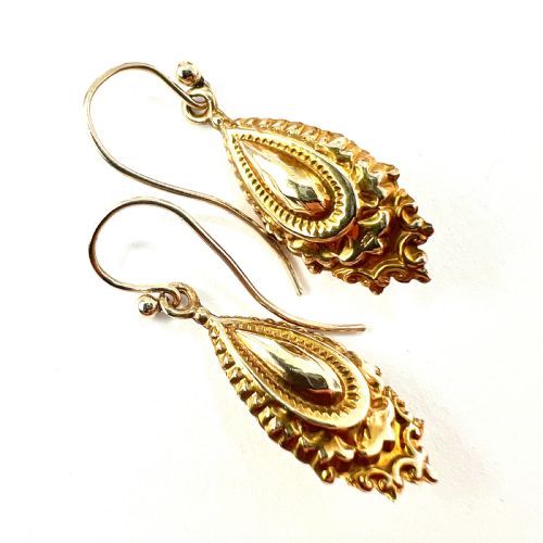 VICTORIAN 9CT GOLD ORNATE ETRUSCAN STYLE DROP EARRINGS - ADDITIONAL PHOTO 4