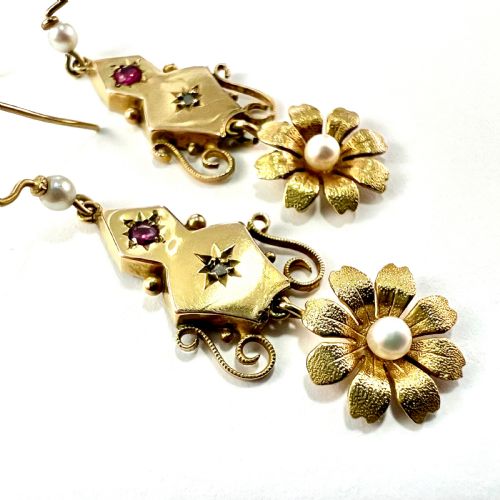 VICTORIAN RUBY AND PEARL 9CT GOLD FLOWER DROP EARRINGS - ADDITIONAL PHOTO 5