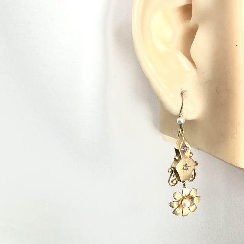 VICTORIAN RUBY AND PEARL 9CT GOLD FLOWER DROP EARRINGS - ADDITIONAL PHOTO 7