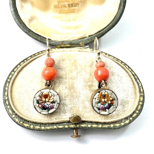 antique coral micromosaic earrings on 9ct gold wires - CATEGORY: ANTIQUE JEWELLERY - DATED 19TH CENTURY