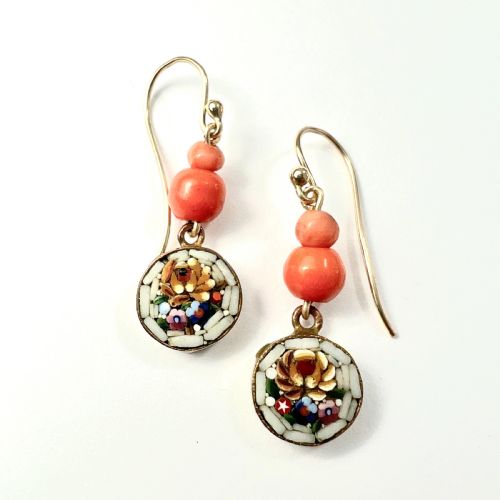 ANTIQUE CORAL MICROMOSAIC EARRINGS ON 9CT GOLD WIRES - ADDITIONAL PHOTO 4