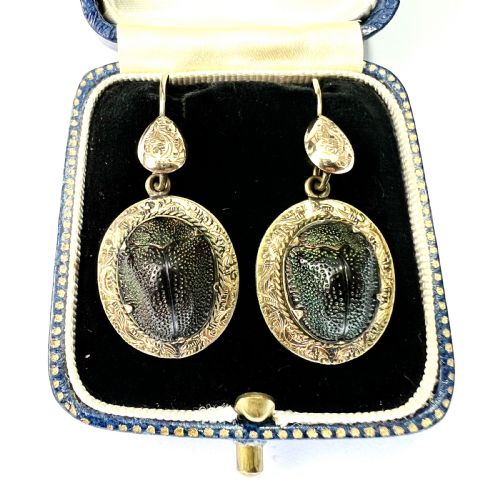 ornate victorian scarab beetle 9ct gold drop earrings - CATEGORY: ANTIQUE JEWELLERY - DATED VICTORIAN