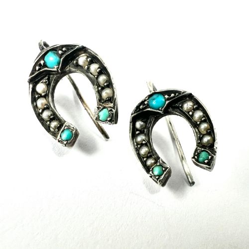 VICTORIAN TURQUOISE AND PEARL STERLING SILVER LUCKY HORSESHOE EARRINGS - ADDITIONAL PHOTO 2