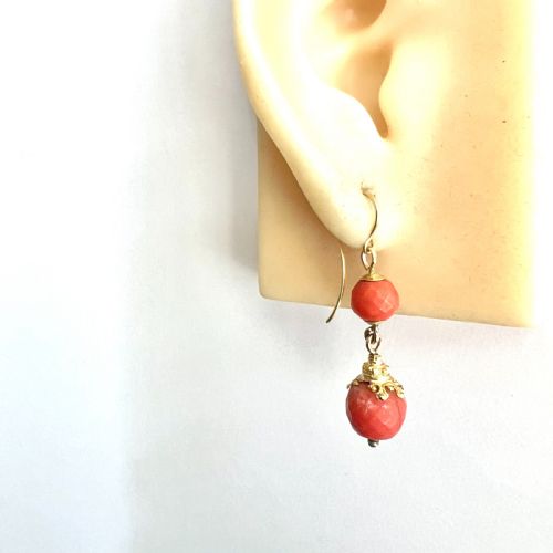 VICTORIAN ETRUSCAN CORAL BEAD 18CT GOLD EARRINGS - ADDITIONAL PHOTO 5