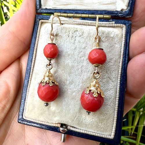 VICTORIAN ETRUSCAN CORAL BEAD 18CT GOLD EARRINGS - ADDITIONAL PHOTO 7