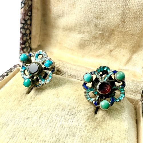 RARE ANTIQUE AUSTRO HUNGARIAN TURQUOISE GARNET ENAMEL SILVER EARRINGS - ADDITIONAL PHOTO 2