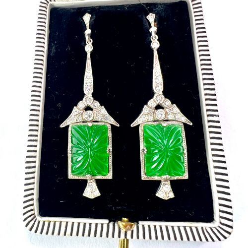 art deco 9ct gold and silver green pressed glass earrings - CATEGORY: ANTIQUE JEWELLERY - DATED 1920