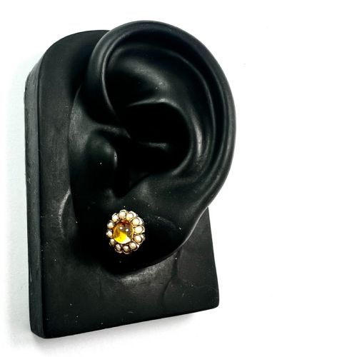 ANTIQUE CITRINE AND PEARL HALO GOLD STUD EARRINGS - ADDITIONAL PHOTO 6