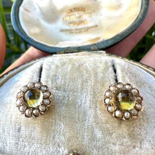 ANTIQUE CITRINE AND PEARL HALO GOLD STUD EARRINGS - ADDITIONAL PHOTO 7