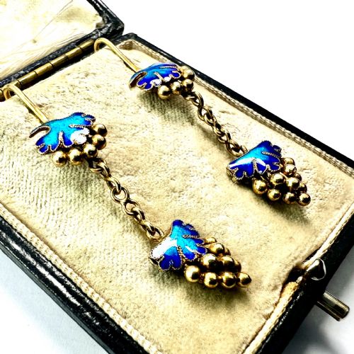 ANTIQUE SILVER GILT BLUE ENAMEL GRAPE EARRINGS - ADDITIONAL PHOTO 2