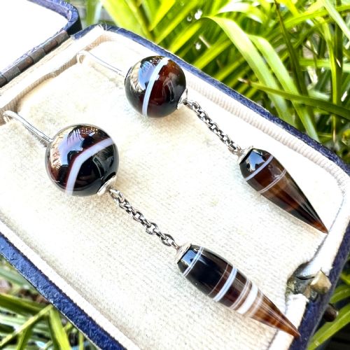 VICTORIAN SCOTTISH BANDED AGATE TORPEDO DROP SILVER EARRINGS - ADDITIONAL PHOTO 7