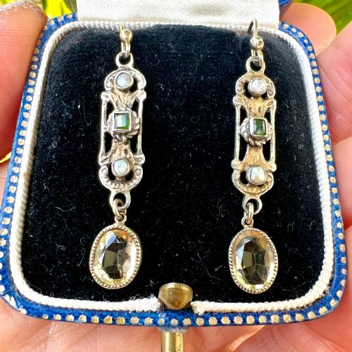 AUSTRO HUNGARIAN EMERALD CITRINE AND PEARL SILVER EARRINGS - ADDITIONAL PHOTO 6