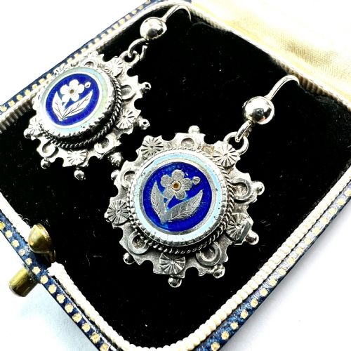 VICTORIAN SILVER ENAMELLED FORGET ME NOT EARRINGS - ADDITIONAL PHOTO 2