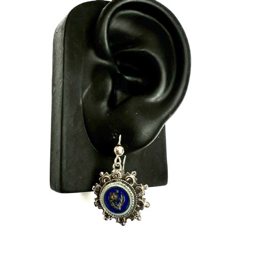 VICTORIAN SILVER ENAMELLED FORGET ME NOT EARRINGS - ADDITIONAL PHOTO 6