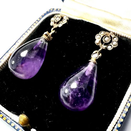 VICTORIAN AMETHYST AND PEARL GOLD TEARDROP EARRINGS - ADDITIONAL PHOTO 1