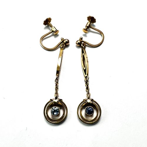 ANTIQUE 9CT GOLD DROP SCREWBACK EARRINGS WITH BLUE STONES - ADDITIONAL PHOTO 2