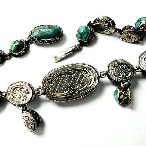 ANTIQUE ARTS AND CRAFTS TURQUOISE MATRIX SILVER PARURE EARRINGS RING NECKLACE SET - ADDITIONAL PHOTO 6