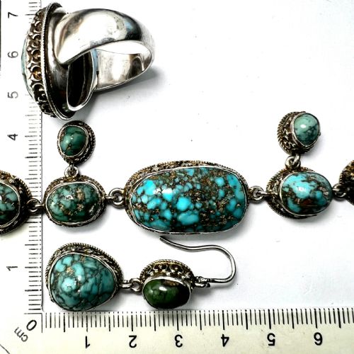 ANTIQUE ARTS AND CRAFTS TURQUOISE MATRIX SILVER PARURE EARRINGS RING NECKLACE SET - ADDITIONAL PHOTO 7