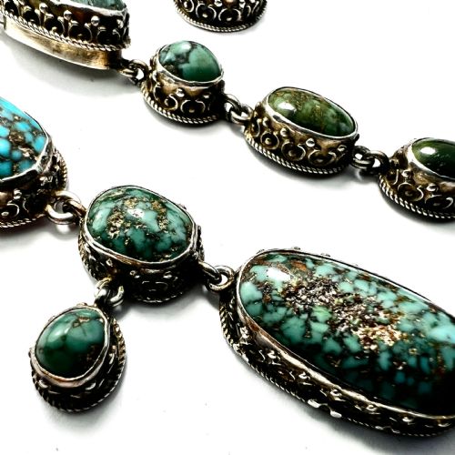 ANTIQUE ARTS AND CRAFTS TURQUOISE MATRIX SILVER PARURE EARRINGS RING NECKLACE SET - ADDITIONAL PHOTO 8