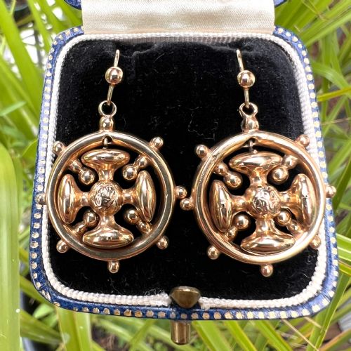 VICTORIAN 9CT GOLD SQUARE CROSS WHEEL EARRINGS - ADDITIONAL PHOTO 7