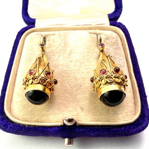 VICTORIAN GARNET ETRUSCAN GOLDEN TEARDROP EARRINGS - ADDITIONAL PHOTO 1