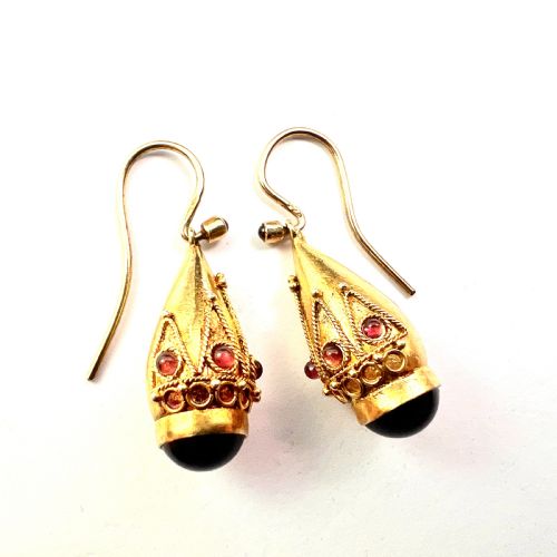 VICTORIAN GARNET ETRUSCAN GOLDEN TEARDROP EARRINGS - ADDITIONAL PHOTO 2