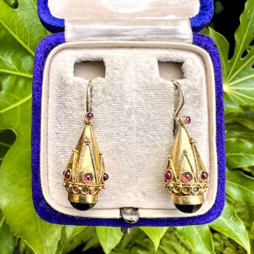 VICTORIAN GARNET ETRUSCAN GOLDEN TEARDROP EARRINGS - ADDITIONAL PHOTO 6