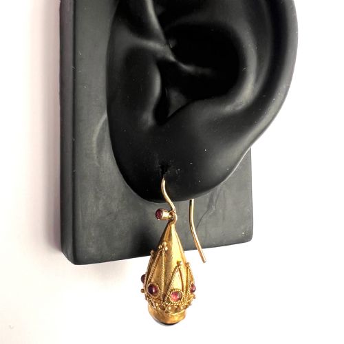 VICTORIAN GARNET ETRUSCAN GOLDEN TEARDROP EARRINGS - ADDITIONAL PHOTO 7