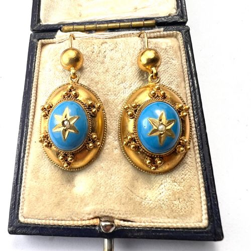 victorian turquoise enamel gilt star earrings - CATEGORY: ANTIQUE JEWELLERY - DATED VICTORIAN