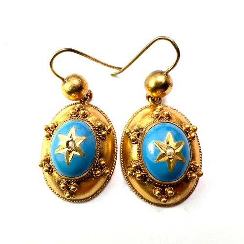 VICTORIAN TURQUOISE ENAMEL GILT STAR EARRINGS - ADDITIONAL PHOTO 1