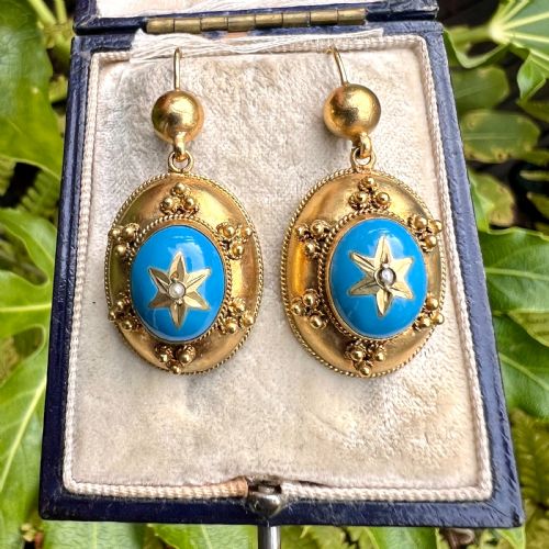 VICTORIAN TURQUOISE ENAMEL GILT STAR EARRINGS - ADDITIONAL PHOTO 5