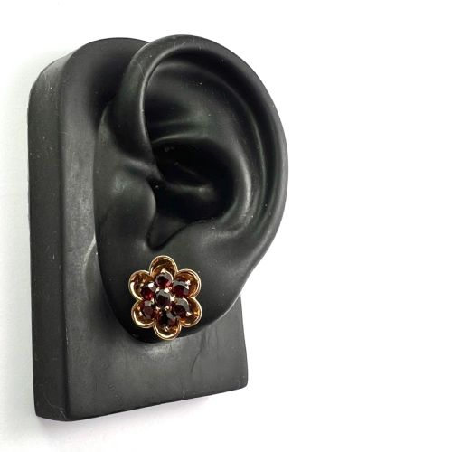 VINTAGE 9CT GOLD GARNET CLUSTER FLOWER STUD EARRINGS - ADDITIONAL PHOTO 7