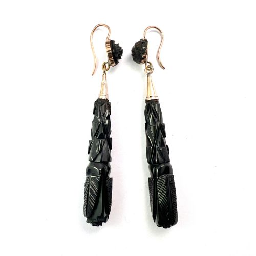 LARGE VICTORIAN CARVED WHITBY JET GOLD EARRINGS - ADDITIONAL PHOTO 1