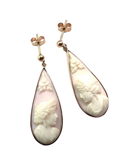ANTIQUE 9CT GOLD CLASSICAL SHELL CAMEO TEARDROP EARRINGS - ADDITIONAL PHOTO 1