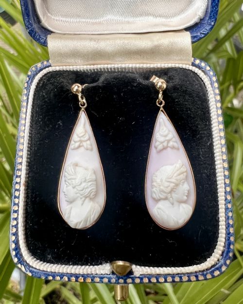ANTIQUE 9CT GOLD CLASSICAL SHELL CAMEO TEARDROP EARRINGS - ADDITIONAL PHOTO 8