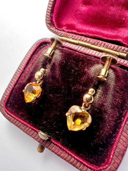 VINTAGE DEAKIN FRANCIS 9CT GOLD CITRINE HEART DROP EARRINGS - ADDITIONAL PHOTO 2