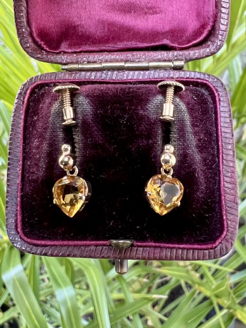 VINTAGE DEAKIN FRANCIS 9CT GOLD CITRINE HEART DROP EARRINGS - ADDITIONAL PHOTO 4