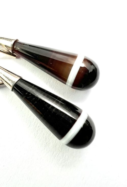 VICTORIAN AGATE GOLD AND SILVER TEARDROP EARRINGS - ADDITIONAL PHOTO 1