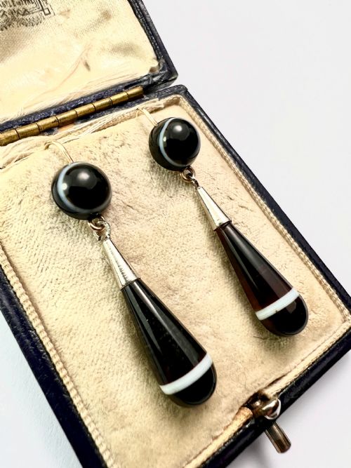 VICTORIAN AGATE GOLD AND SILVER TEARDROP EARRINGS - ADDITIONAL PHOTO 2